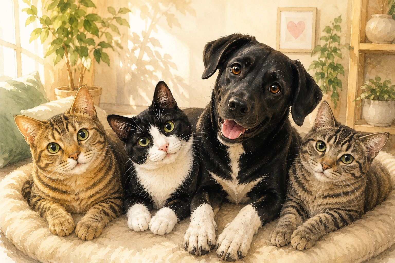 Три котки и куче в Lucky Home – хотел за кучета и котки в София.